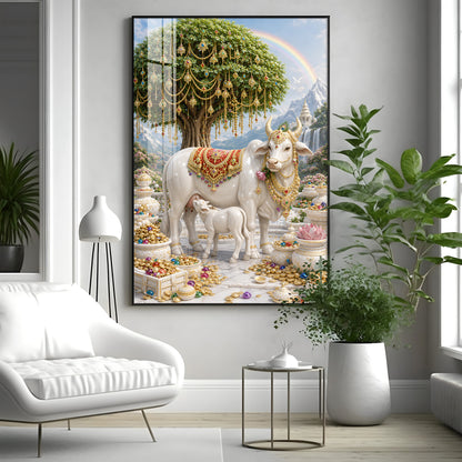 Divine Wish Fulfilling Tree & Kamadhenu Premium Acrylic Vertical Wall Art