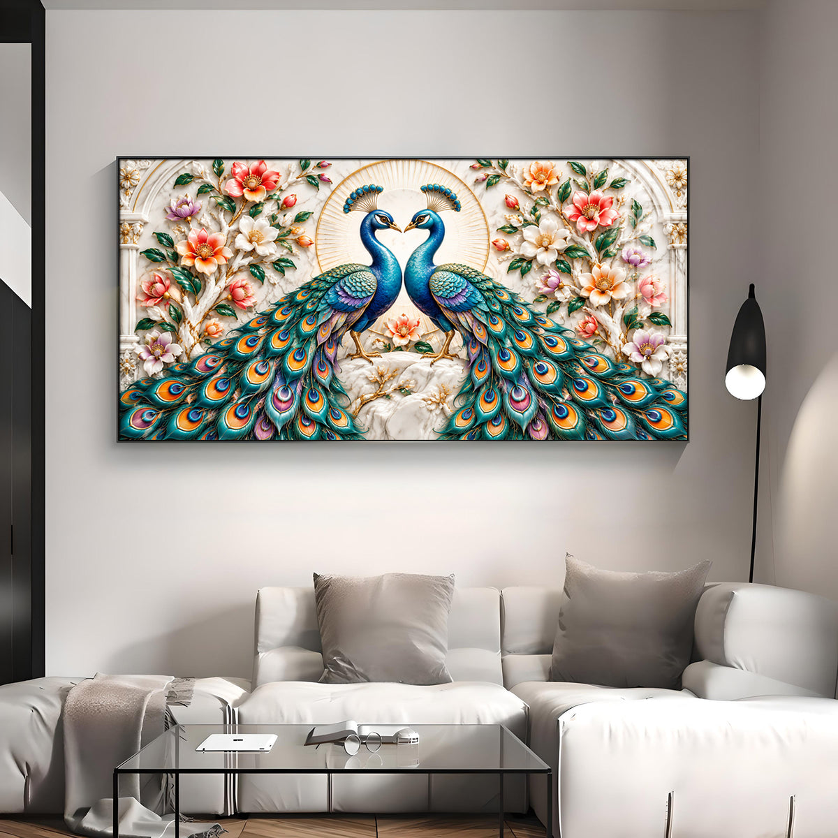 Dual Peacock Floral Premium Acrylic Horizontal Wall Art