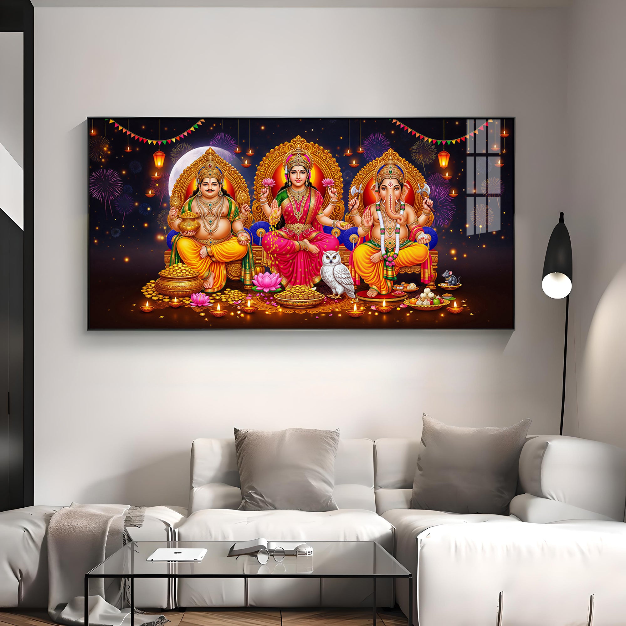 Lord Kubera,Goddess Lakshmi & Lord Ganesha Premium Acrylic Horizontal Wall Art