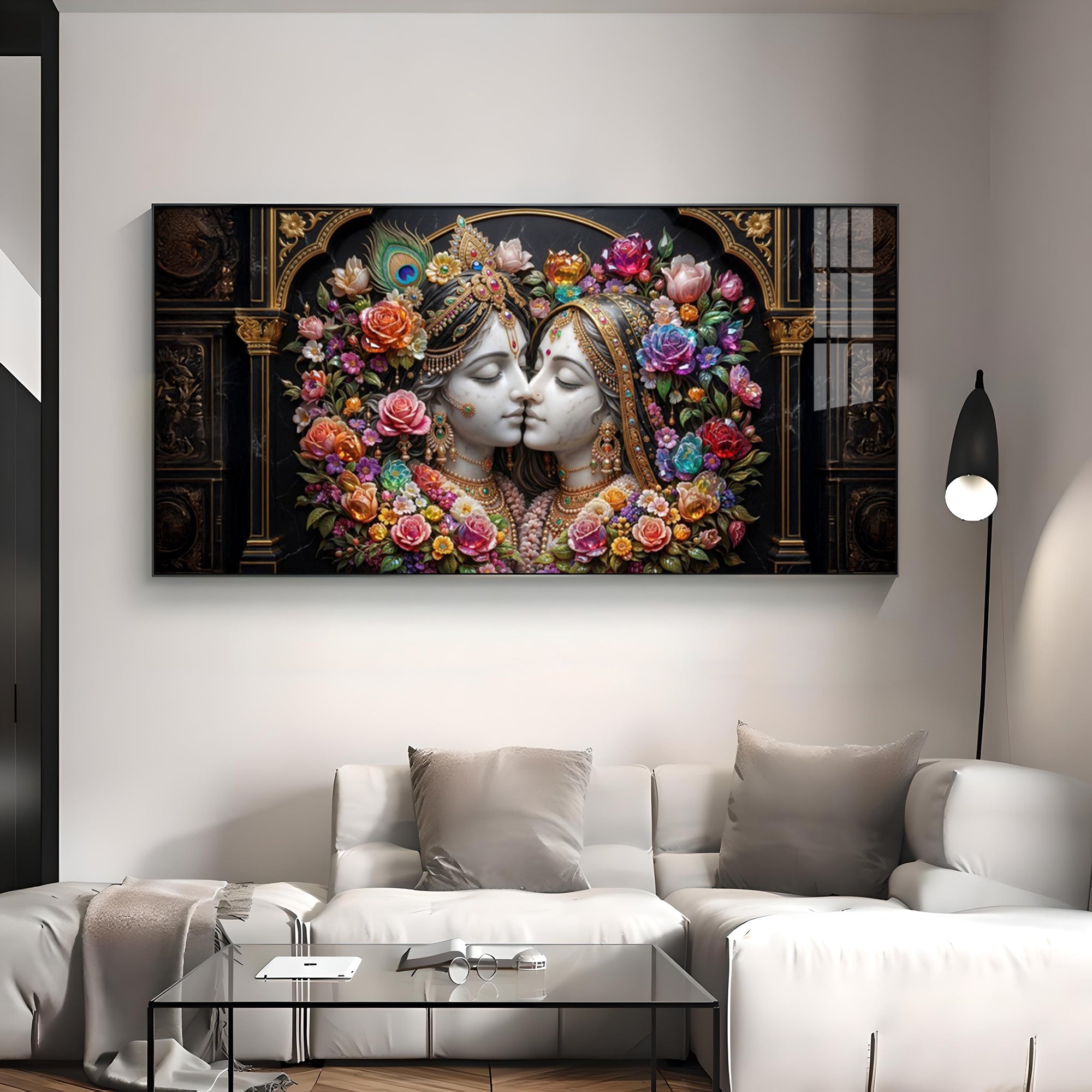Love Radha Krishna With Multicolored Flower Premium Acrylic Horizontal Wall Art