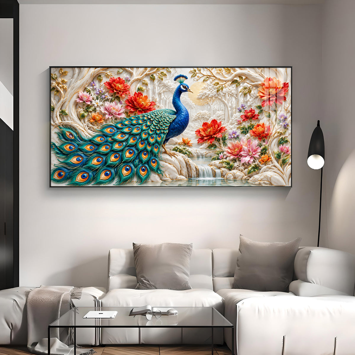 Vibrant Peacock With Floral Premium Acrylic Horizontal Wall Art