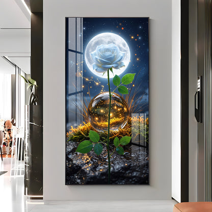Luminous White Rose with Full Moon Premium Acrylic Vertical Wall Art