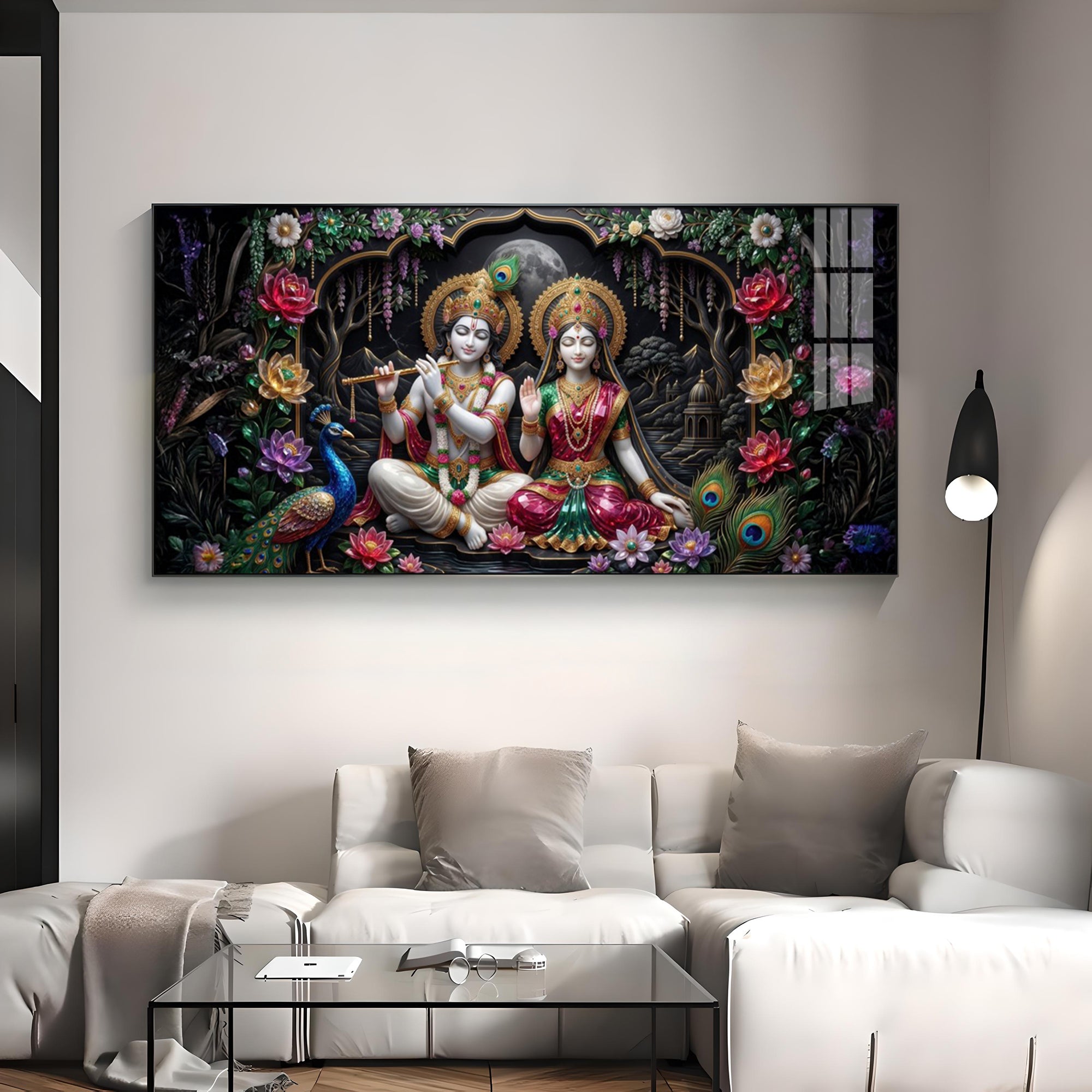 Radha Krishna Ji With Peacock Premium Acrylic Horizontal Wall Art