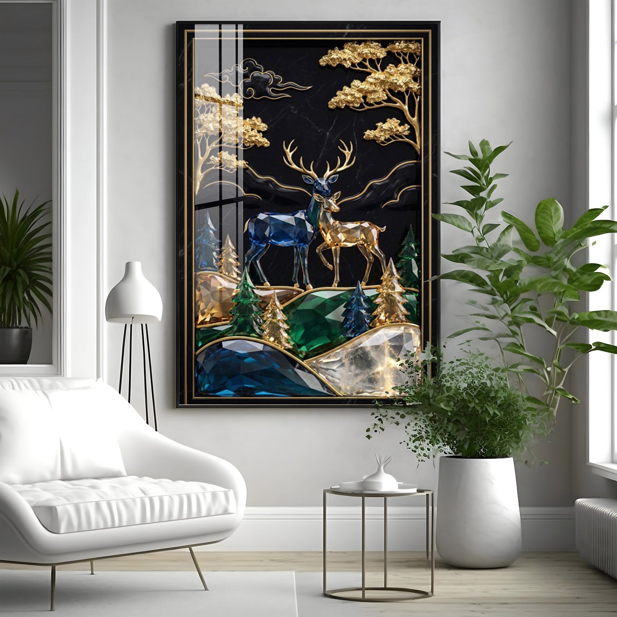 Pair Of Golden & Blue Deer Premium Acrylic Vertical Wall Art