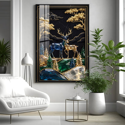 Pair Of Golden & Blue Deer Premium Acrylic Vertical Wall Art