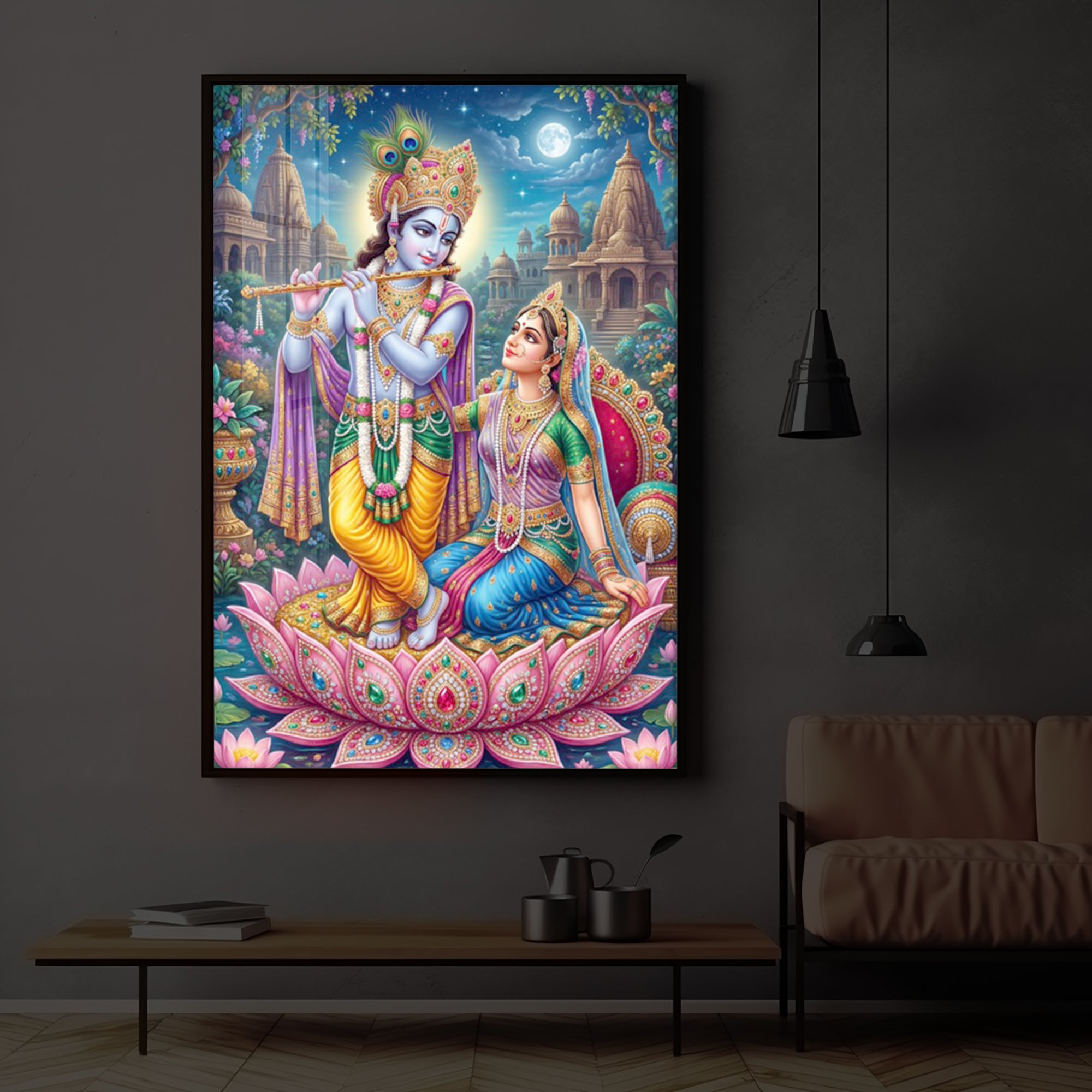 Goddess Radha and God Krishna Modern Luxury Backlight Vertical Wall Art