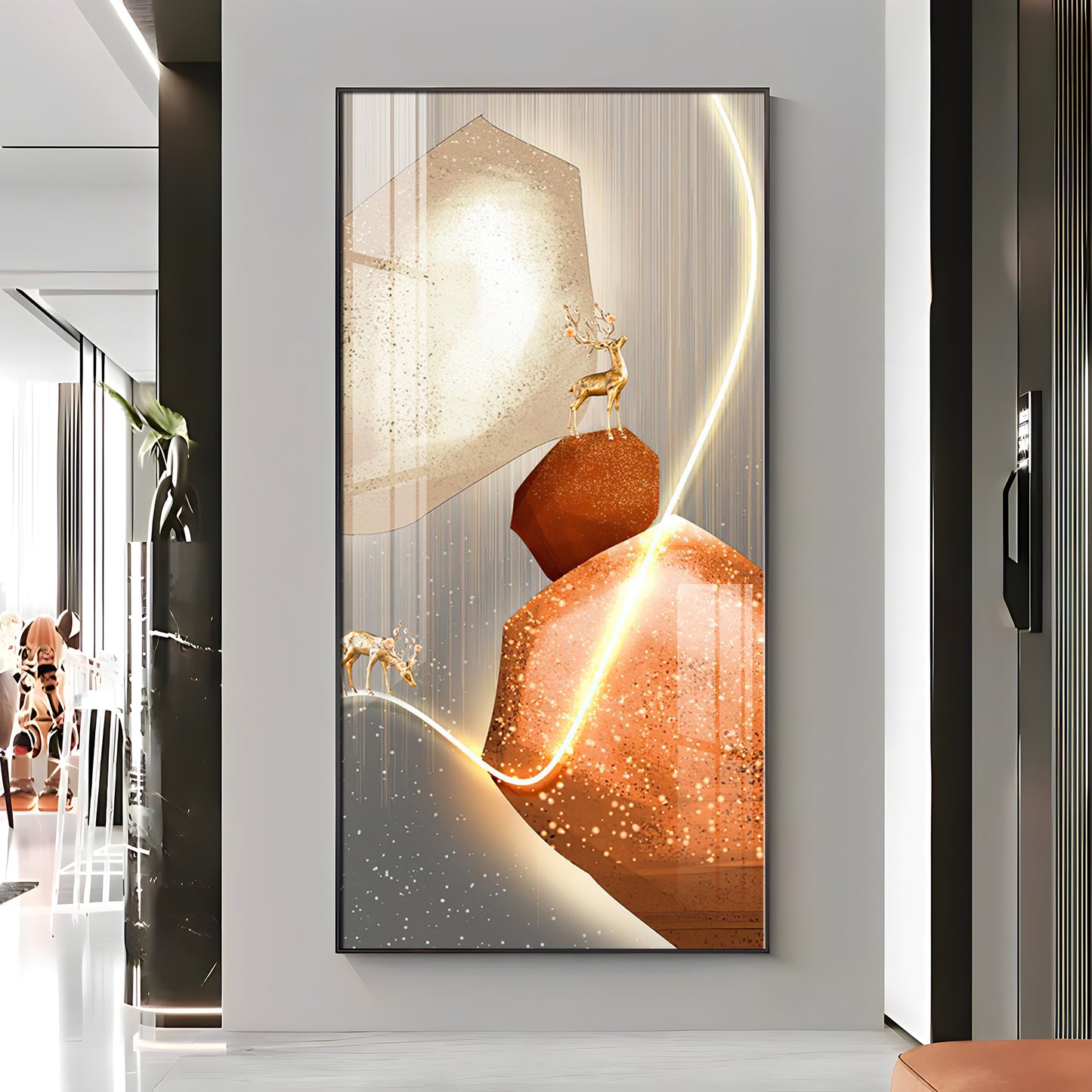 Golden Deer With Orange Rock Premium Acrylic Vertical Wall Art