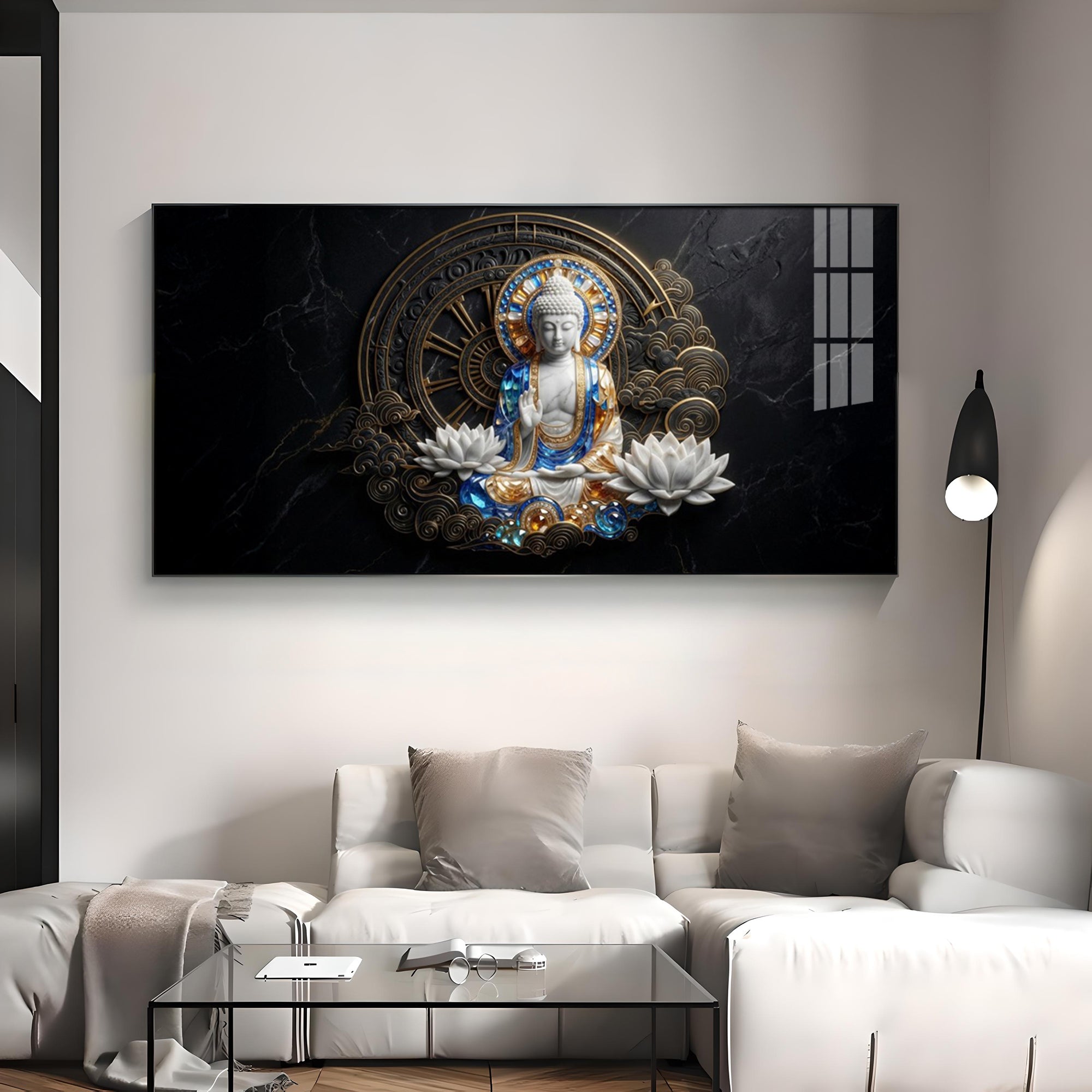 White & Gold Buddha With Flowers Premium Acrylic Horizontal Wall Art