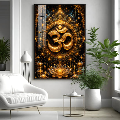 Golden Om Symbol Premium Acrylic Vertical Wall Art