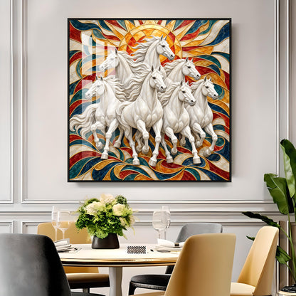 Seven Galloping White Horses Premium Acrylic Square Wall Art