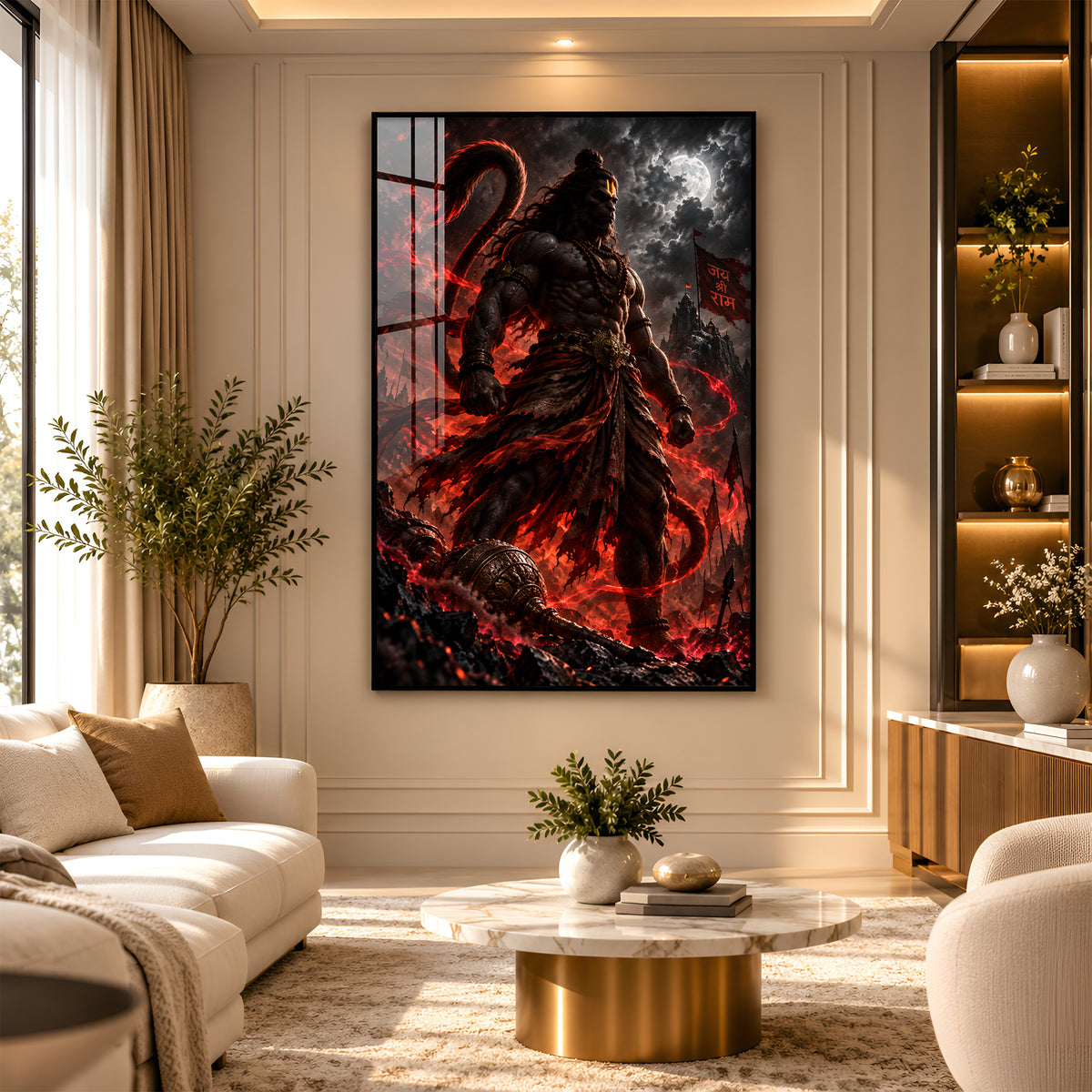 Hanuman in Red Glow Premium Acrylic Vertical Wall Art