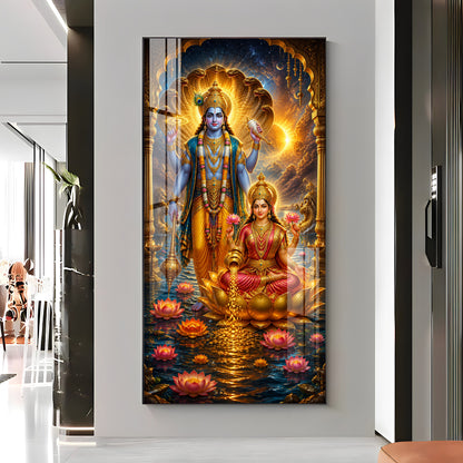 Sacred Lord Vishnu & Goddess Lakshmi Cosmic Premium Acrylic Vertical Wall Art