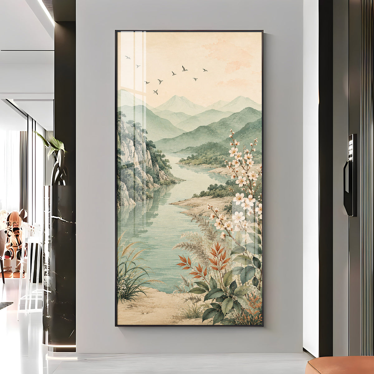 Serene Mountain Lake & Blossom Premium Acrylic Vertical Wall Art