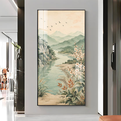 Serene Mountain Lake & Blossom Premium Acrylic Vertical Wall Art