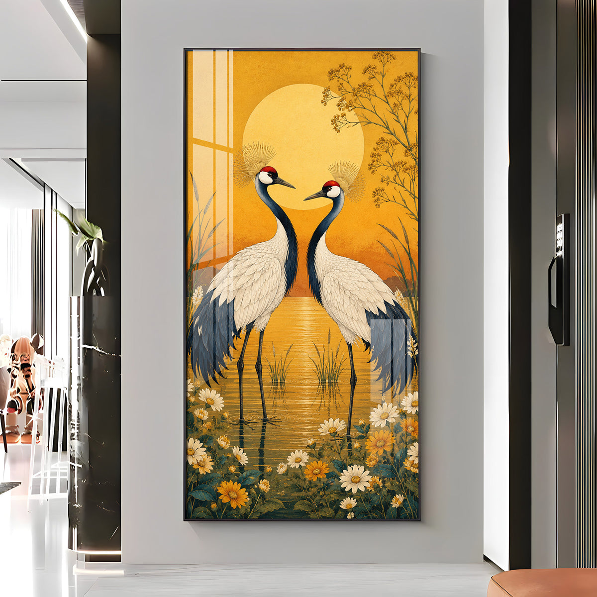 Golden Sunset Crane Birds Premium Acrylic Vertical Wall Art