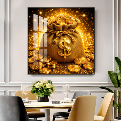 Golden Money Bag Premium Acrylic Square Wall Art