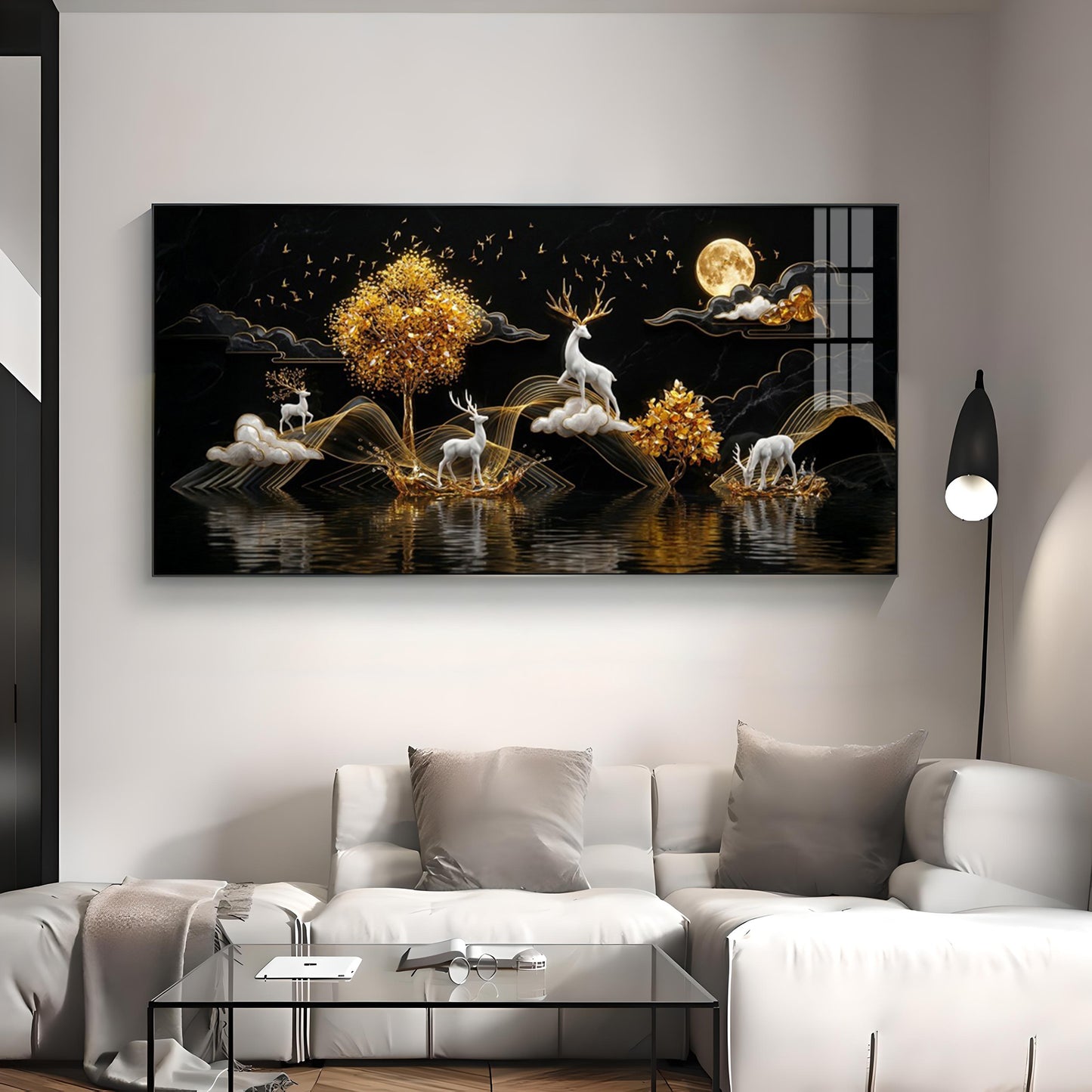 Moonlit Golden Deer Night Theam Premium Acrylic Horizontal Wall Art