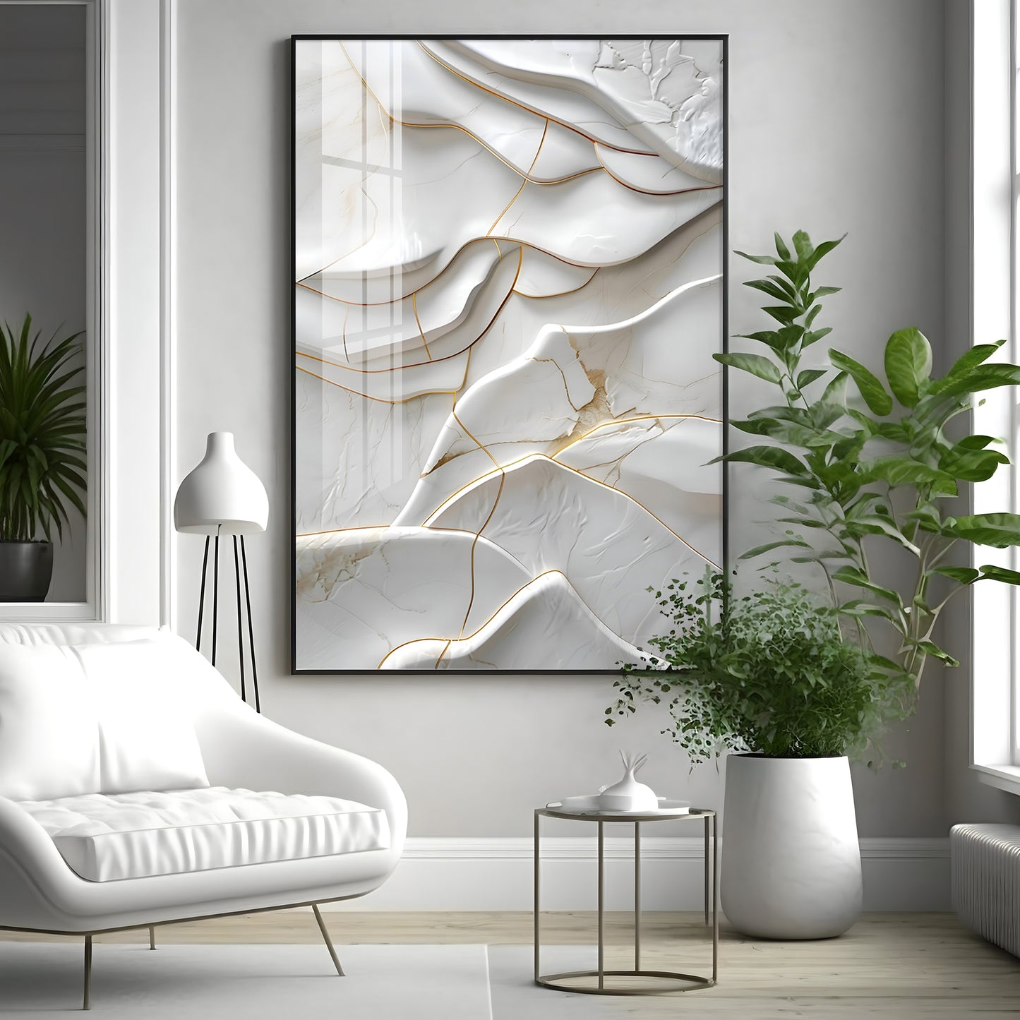 Golden Threaded White Surface Premium Acrylic Vertical Wall Art