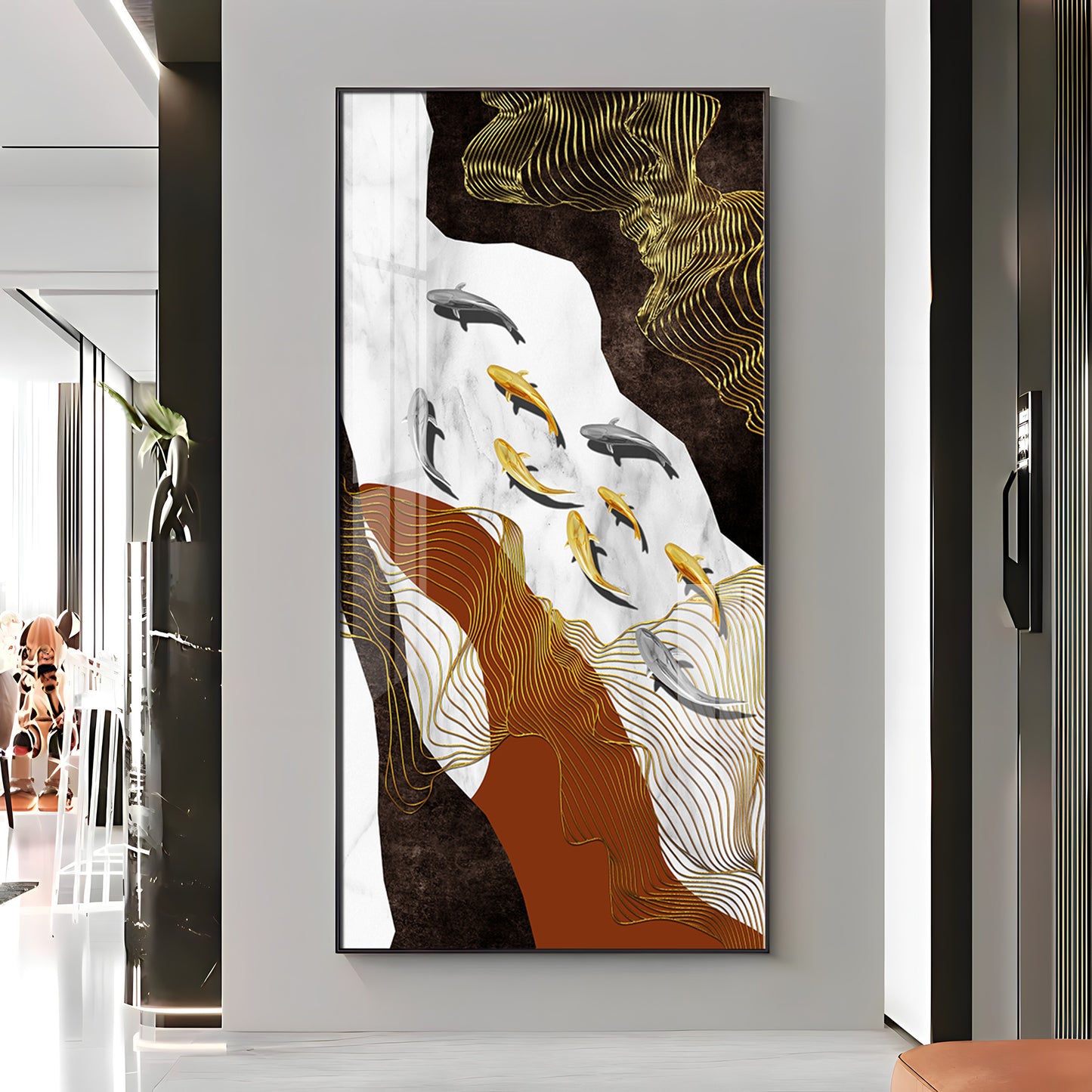 Golden Fish Elegance Premium Acrylic Vertical Wall Art
