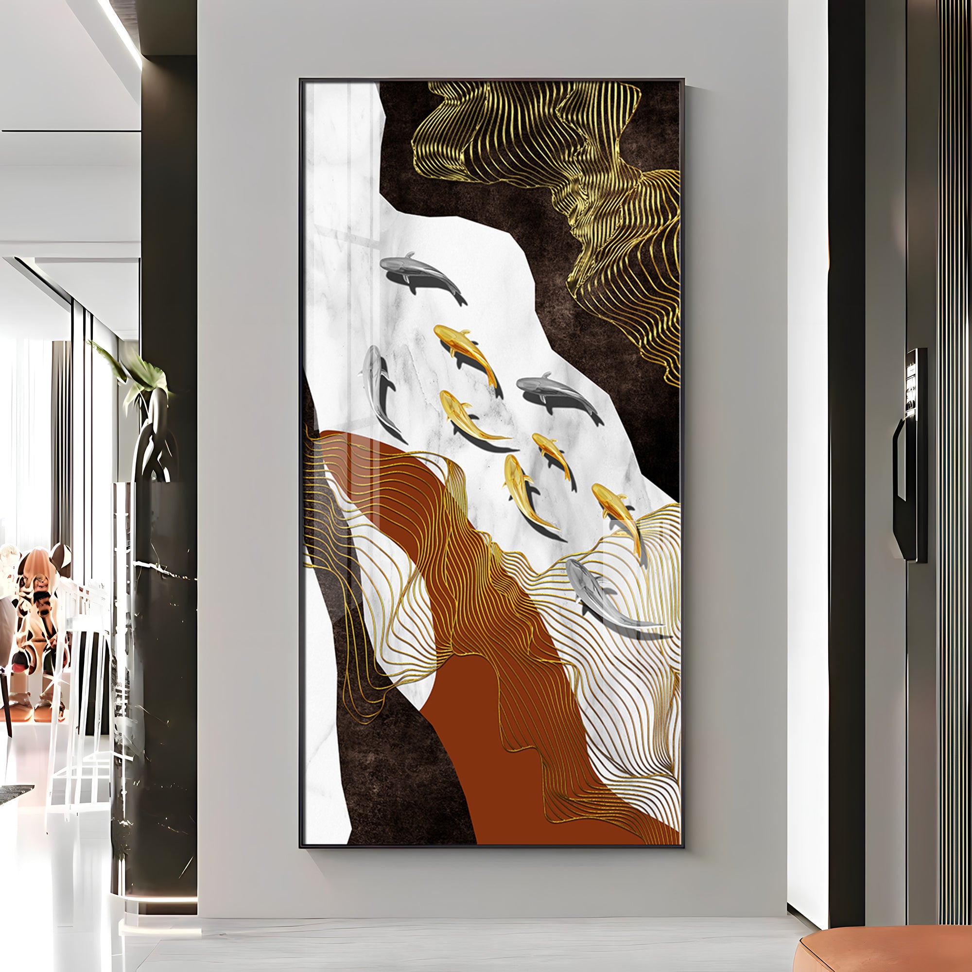 Golden Fish Elegance Premium Acrylic Vertical Wall Art