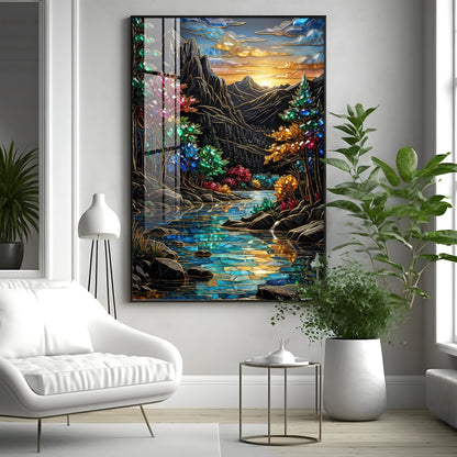 Depicting Mountains & River Premium Acrylic Vertical Wall Art