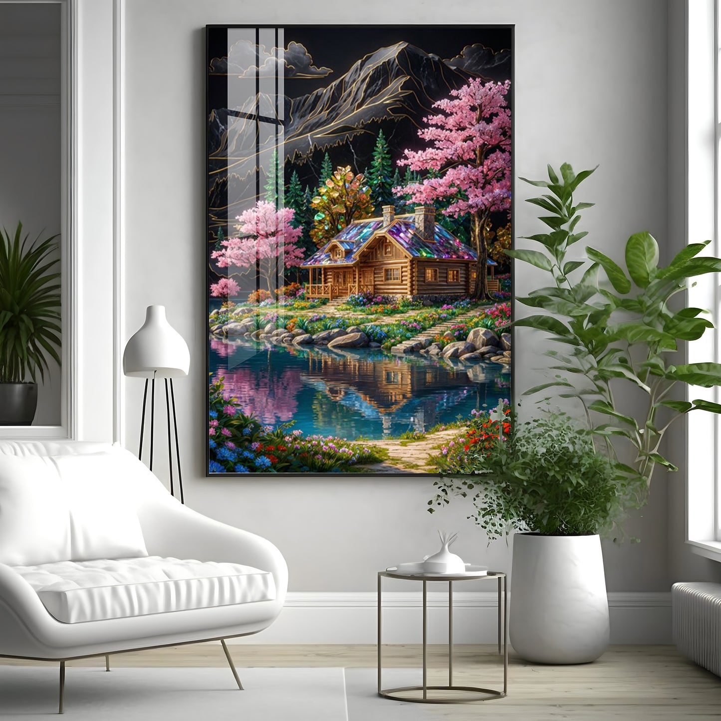 Water & Colorful Floral Landscaping Premium Acrylic Vertical Wall Art