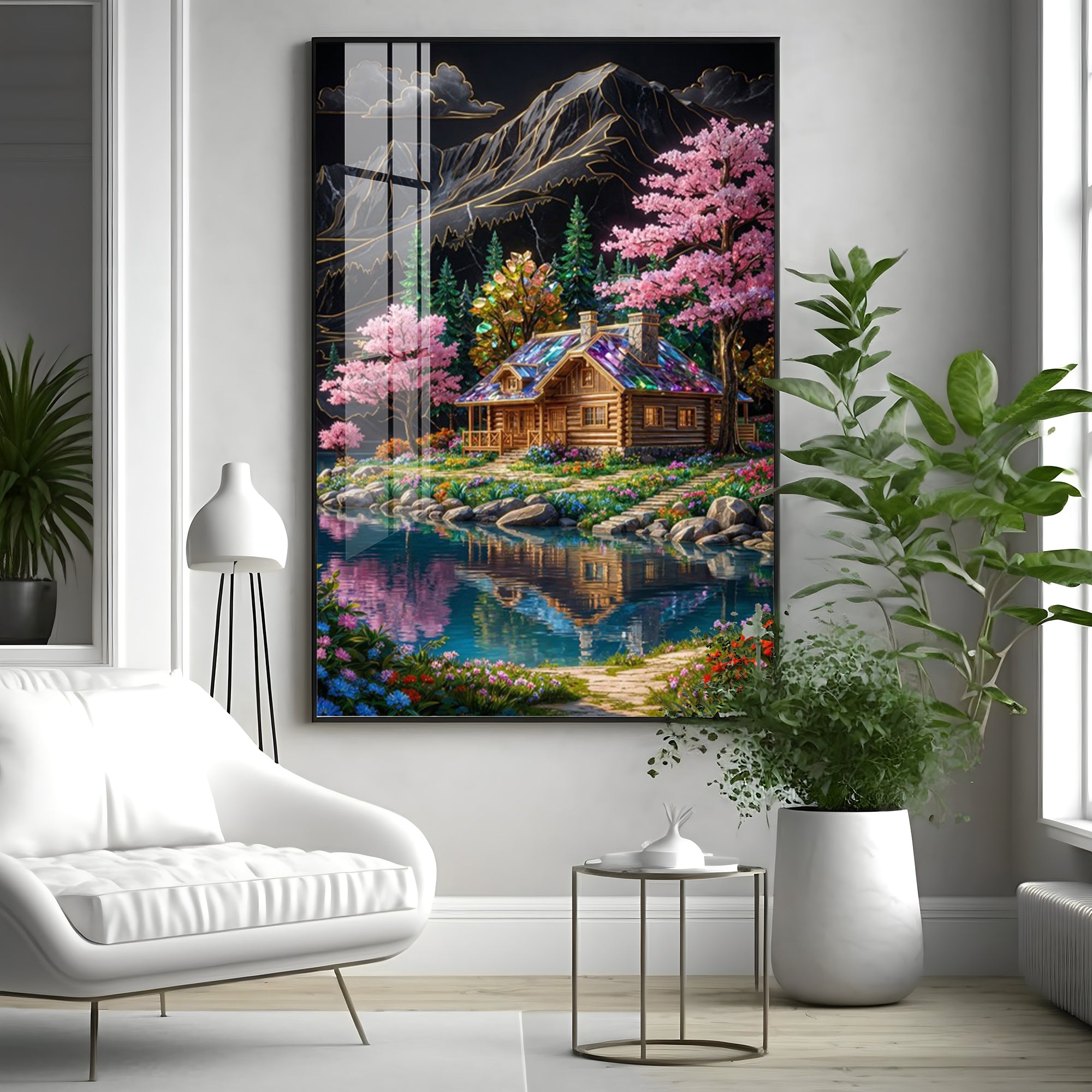 Water & Colorful Floral Landscaping Premium Acrylic Vertical Wall Art