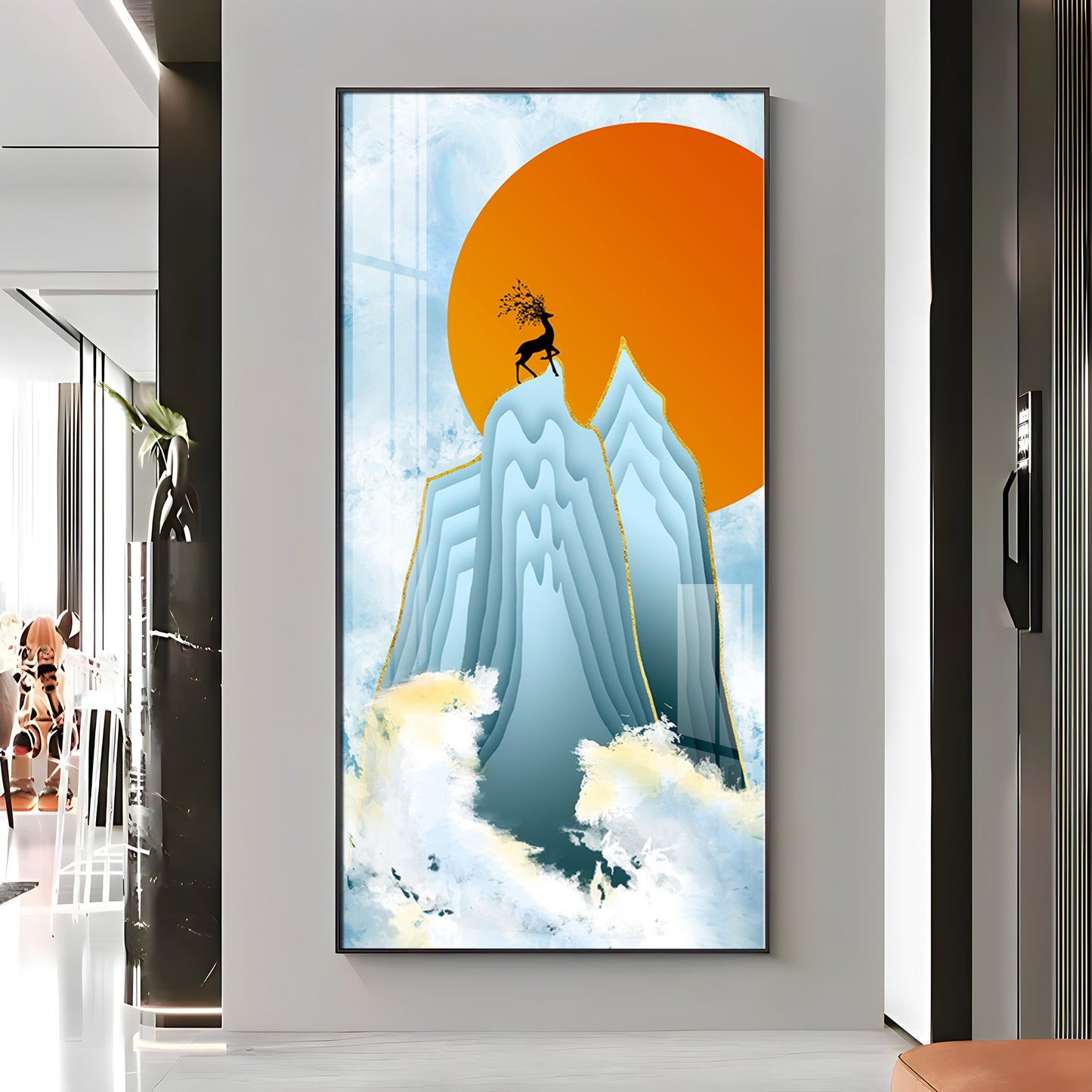 Black Deer On Mountains Premium Acrylic Vertical Wall Art