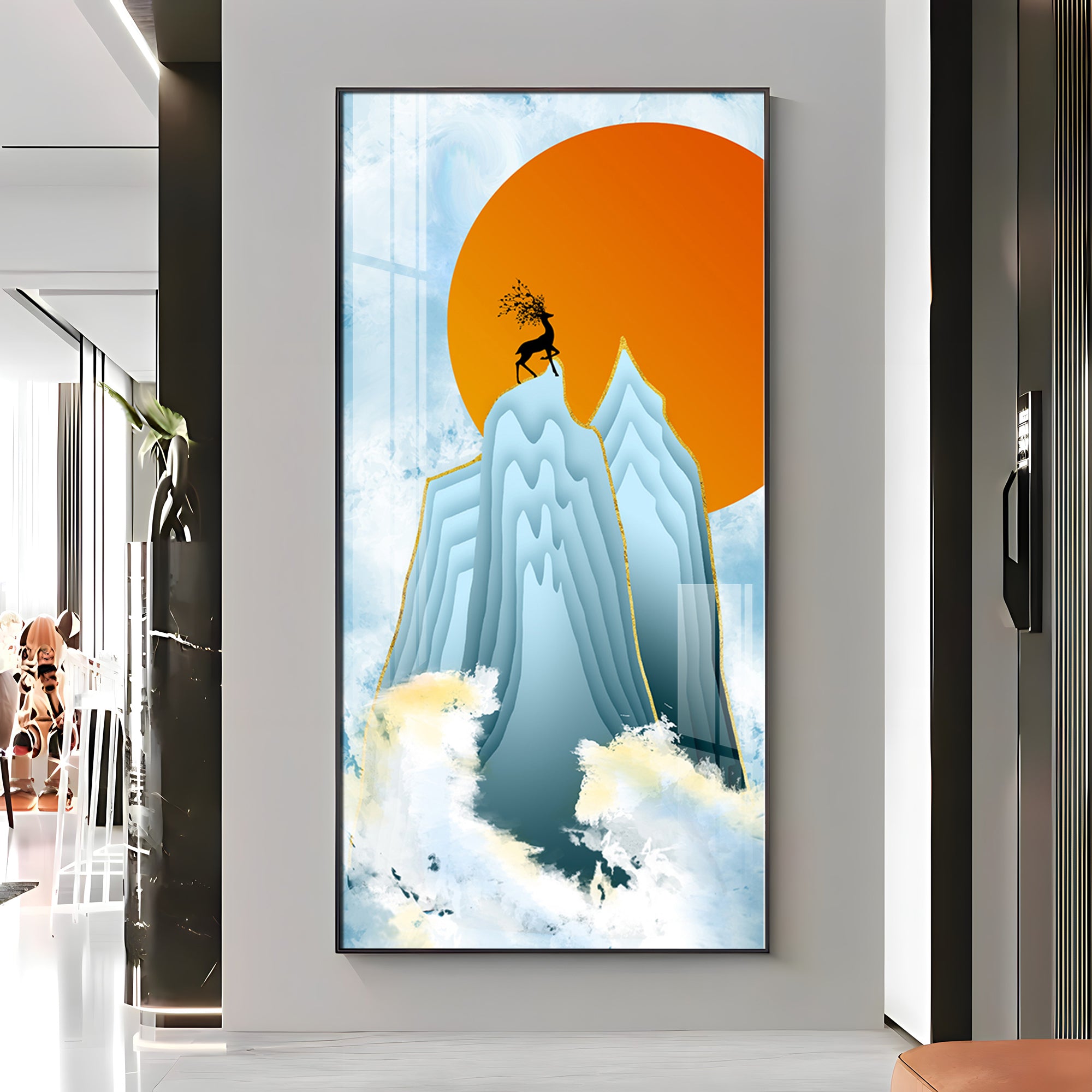 Black Deer On Mountains Premium Acrylic Vertical Wall Art