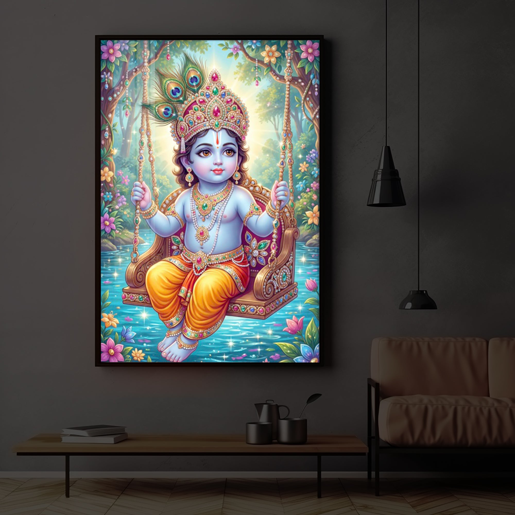 Divine Lord Krishna Modern Luxury Backlight Vertical Wall Art