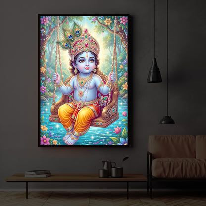Divine Lord Krishna Modern Luxury Backlight Vertical Wall Art