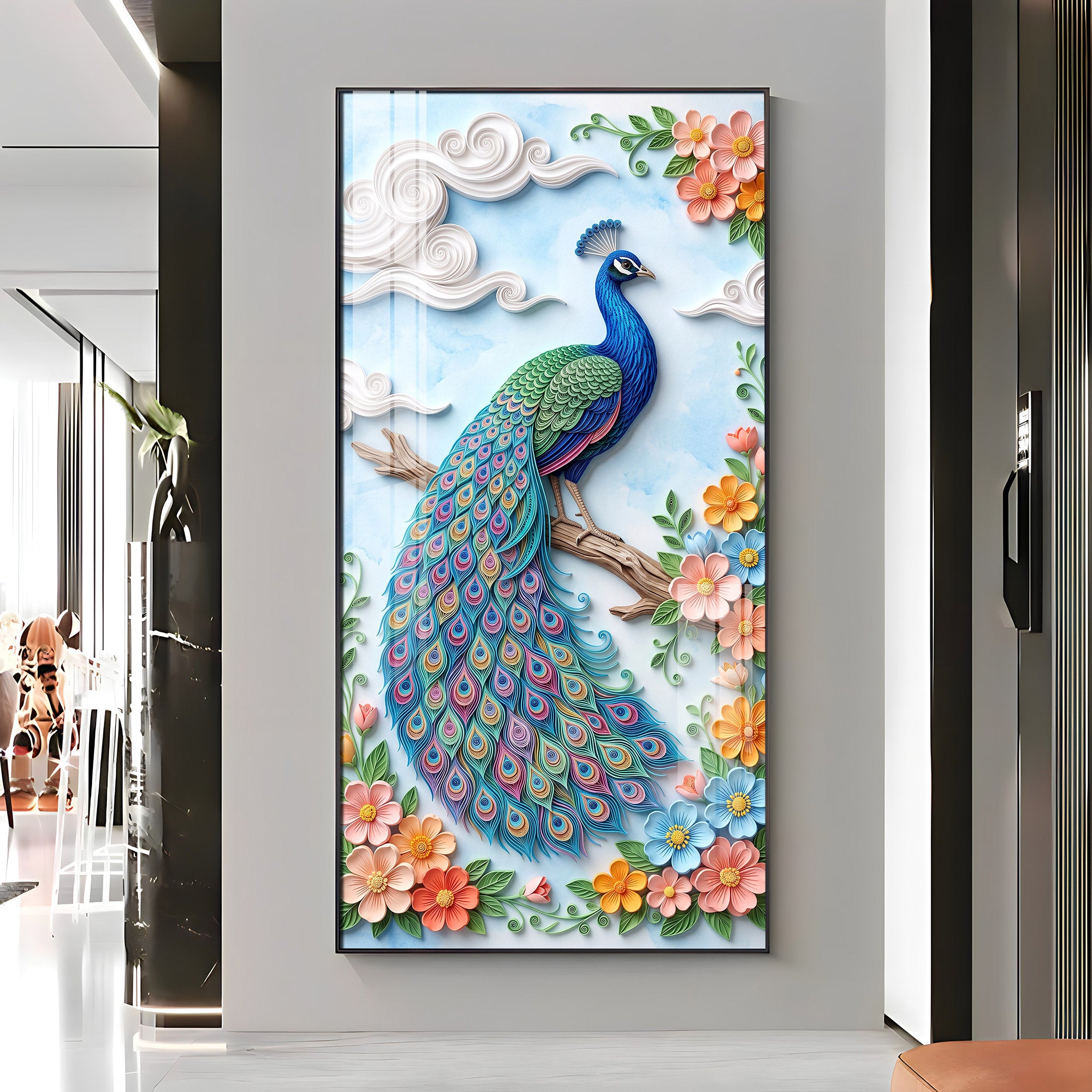 Elegant Pastel Floral Quilling Style Peacock Premium Acrylic Vertical Wall Art