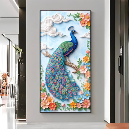 Elegant Pastel Floral Quilling Style Peacock Premium Acrylic Vertical Wall Art