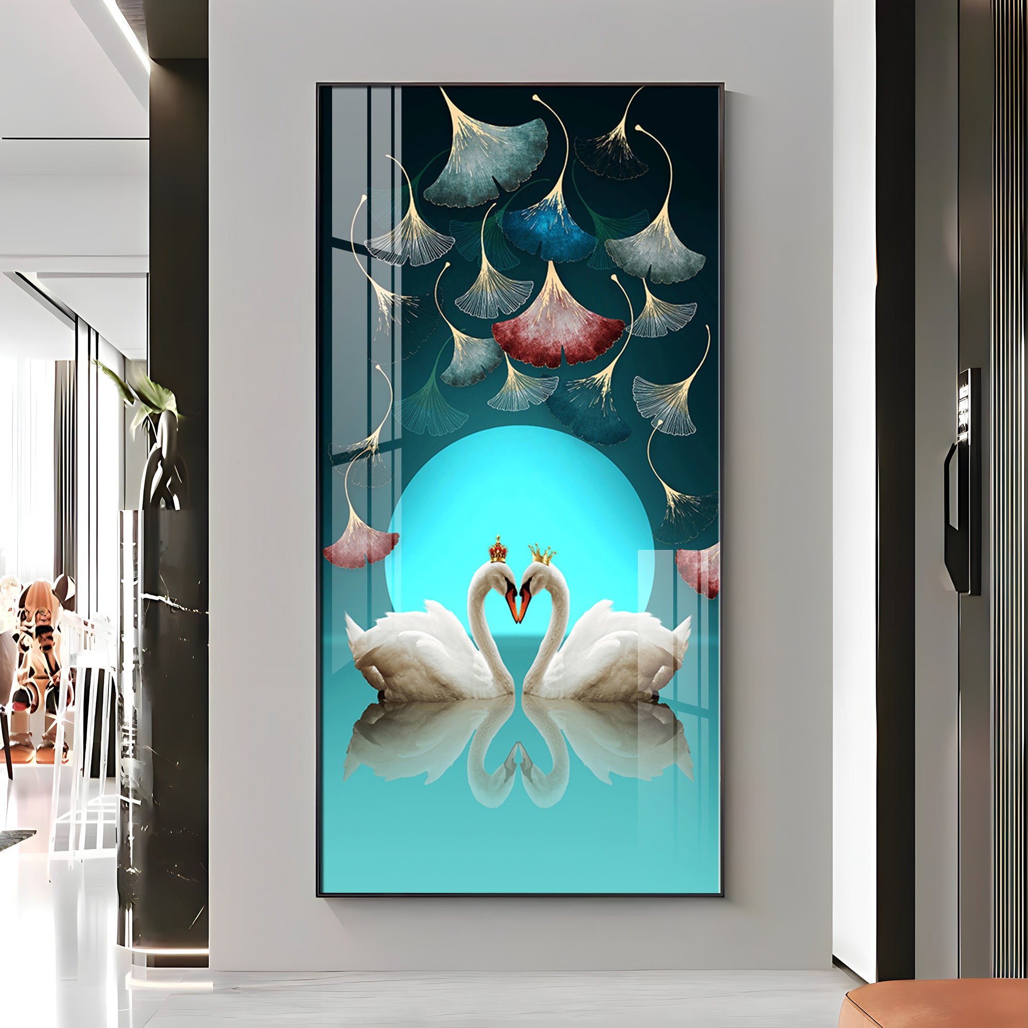 Couple Swan With Ginkgo Leaves Premium Acrylic Vertical Wall Art