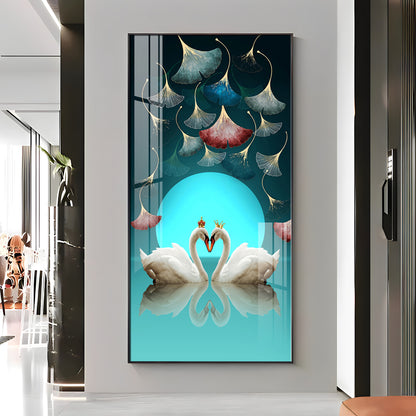 Couple Swan With Ginkgo Leaves Premium Acrylic Vertical Wall Art