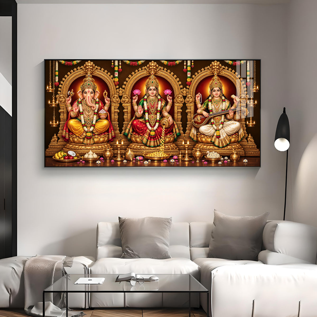 Goddess Laxmi, God Ganesh & Maa Saraswati Premium Acrylic Horizontal Wall Art