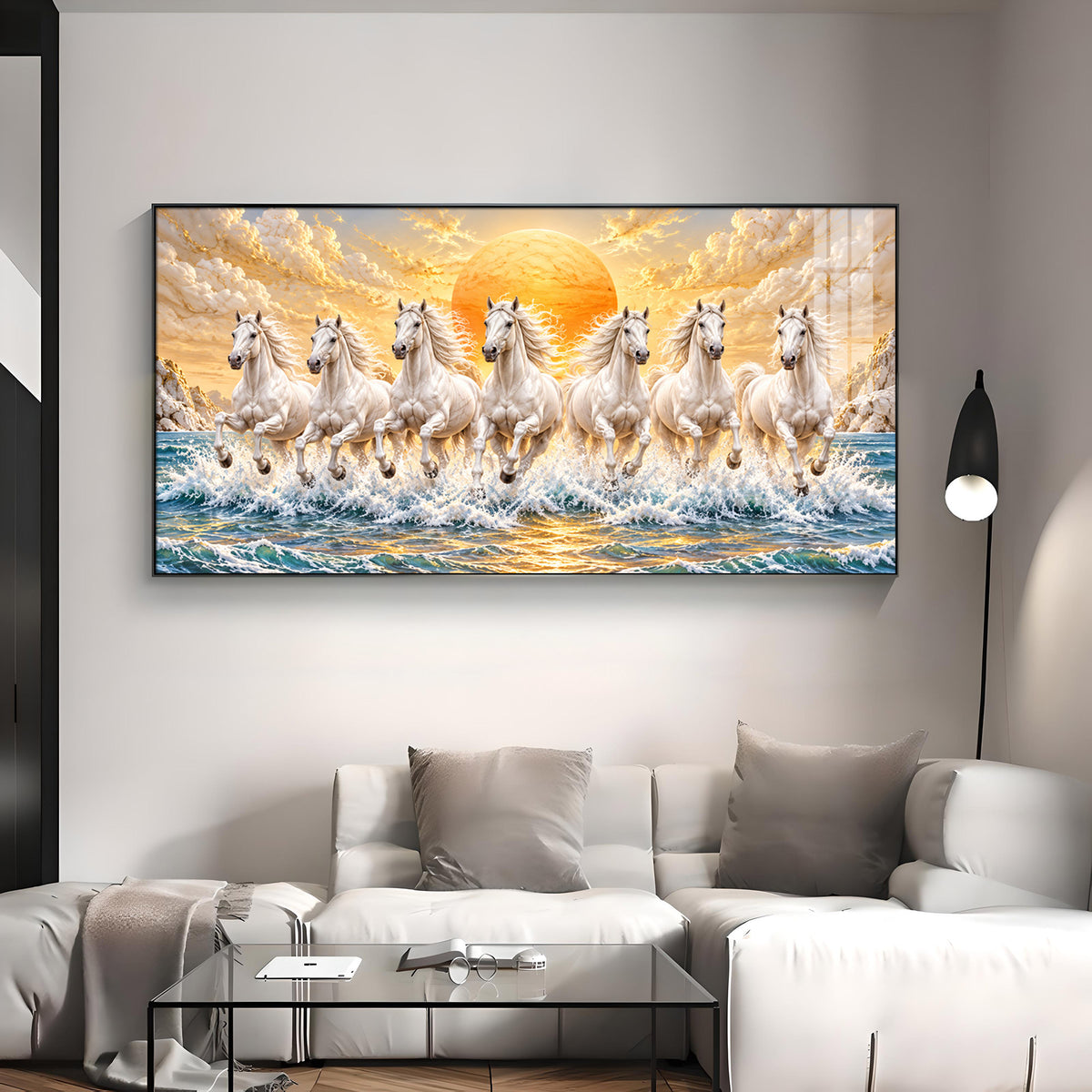 Majestic White Seven Running Horses In sun Rise Premium Acrylic Horizontal Wall Art