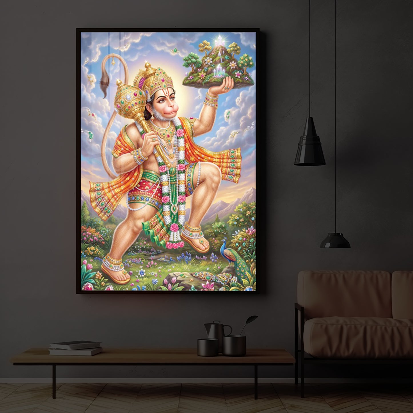 Lord Hanuman Carries The Mountain Modern Luxury Backlight Vertical Wall Art