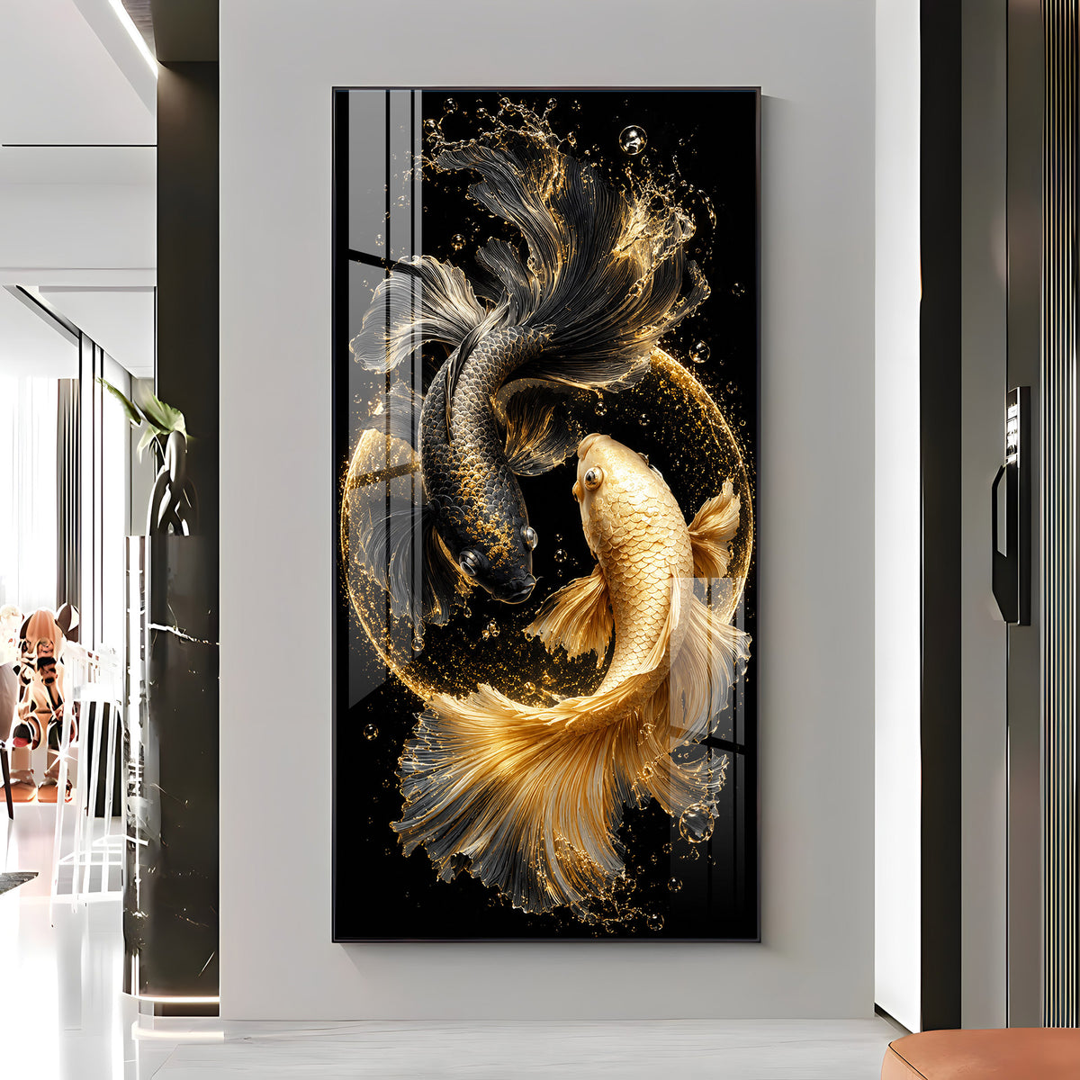Yin Yang Golden & Black Koi Fish Premium Acrylic Vertical Wall Art