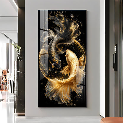 Yin Yang Golden & Black Koi Fish Premium Acrylic Vertical Wall Art