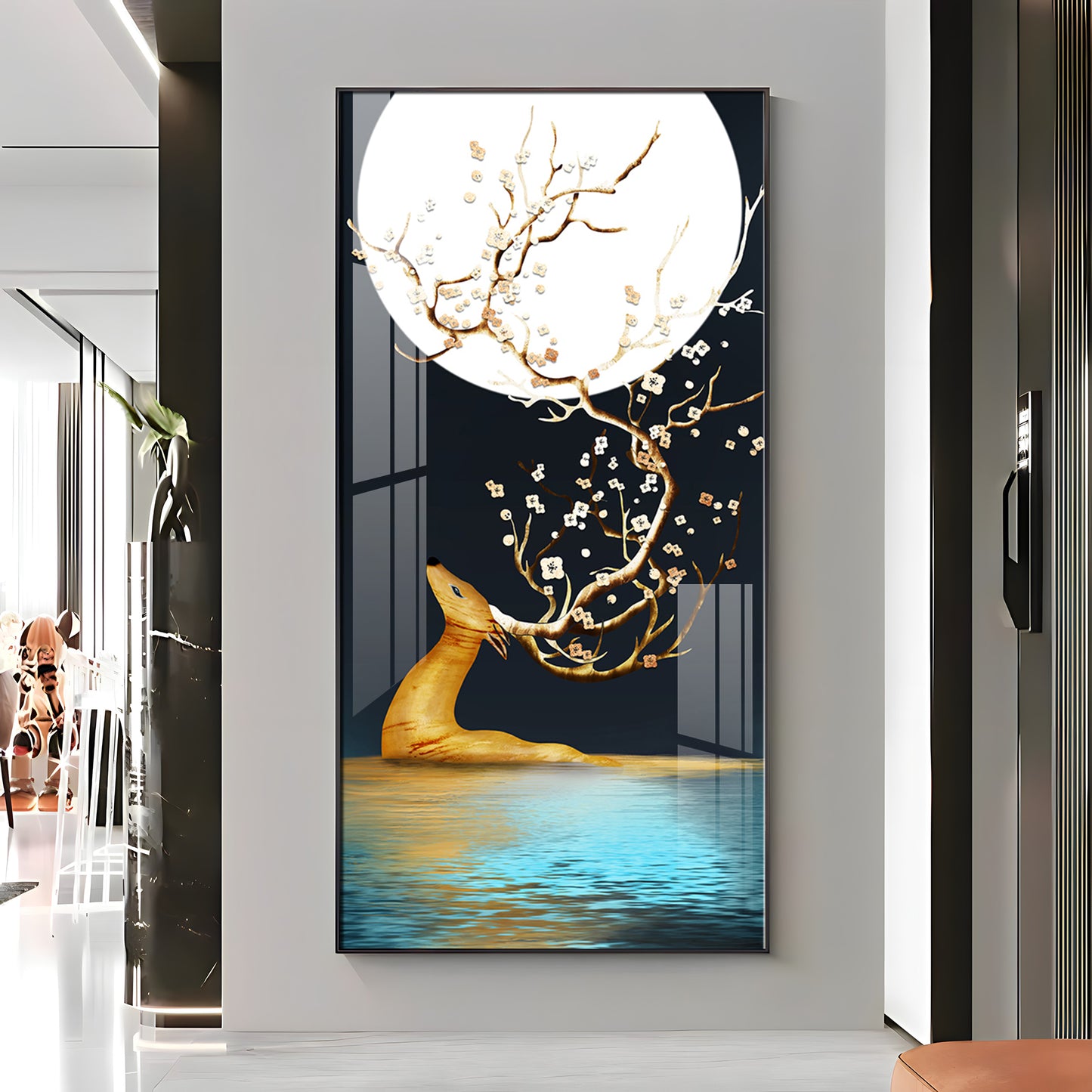 Golden Deer With Full Moon Premium Acrylic Vertical Wall Art