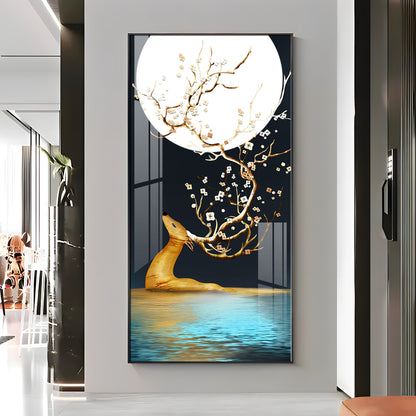 Golden Deer With Full Moon Premium Acrylic Vertical Wall Art