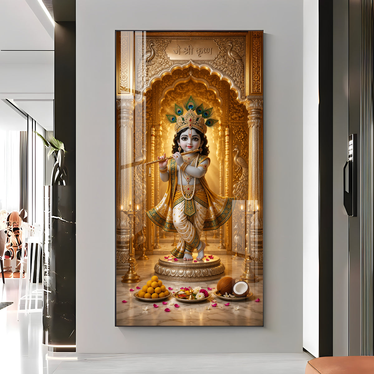 Little Krishna Playing Bansuri Premium Acrylic Vertical Wall Art