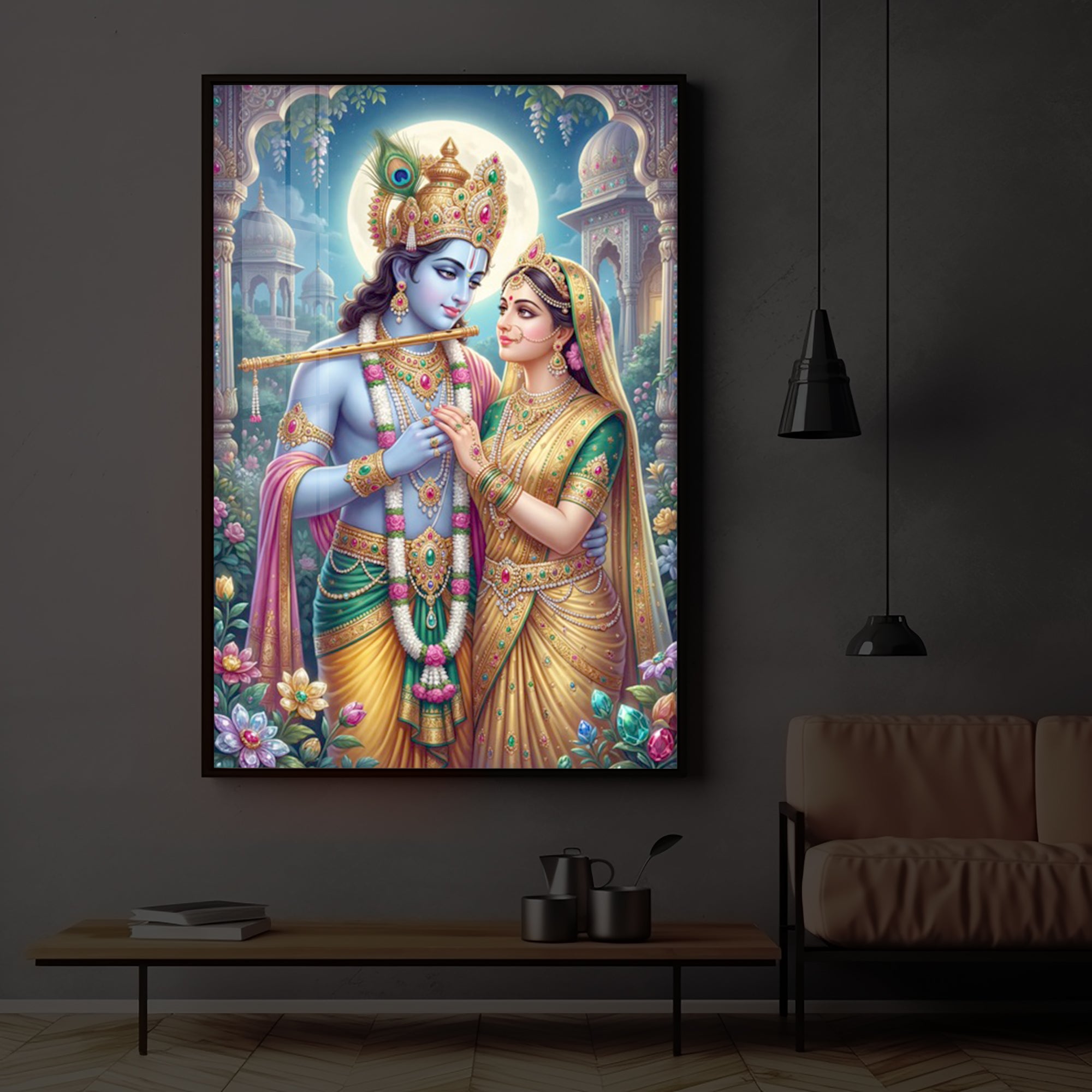 Goddess Shri Radha and God Krishna Modern Luxury Backlight Vertical Wall Art