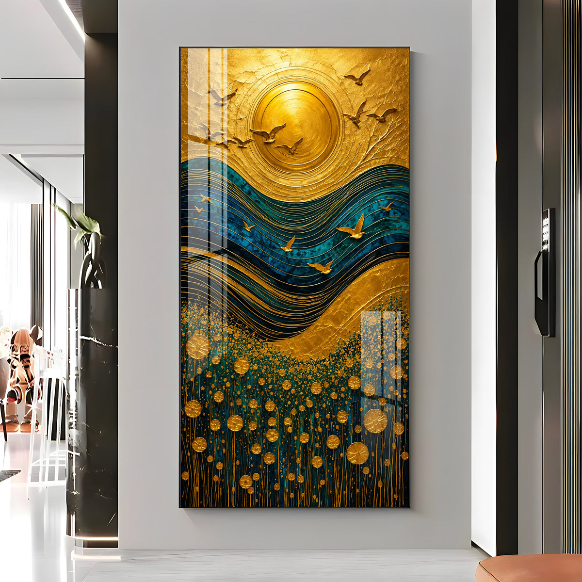Majestic Golden Sun & Flying Birds Landscape Premium Acrylic Vertical Wall Art