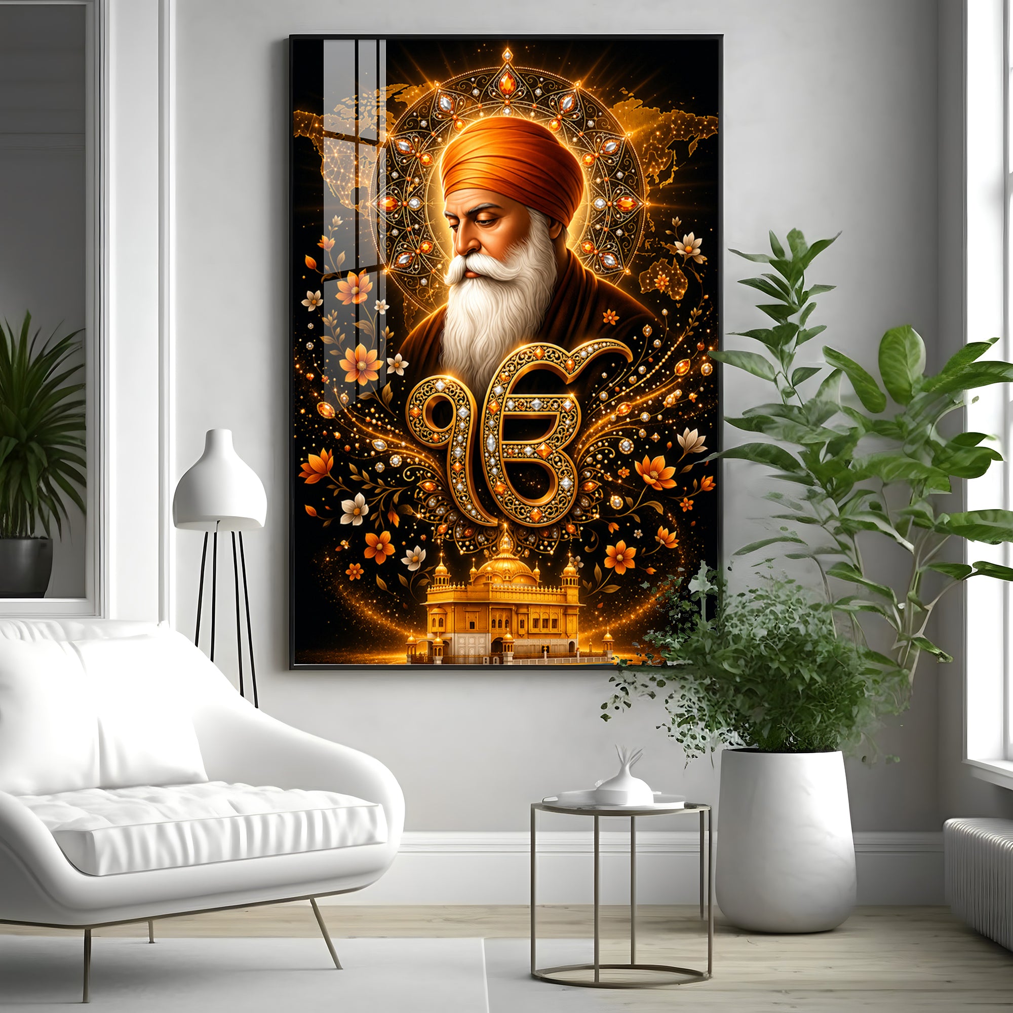 Guru Nanak Dev With Ik Onkar Symbol Premium Acrylic Vertical Wall Art