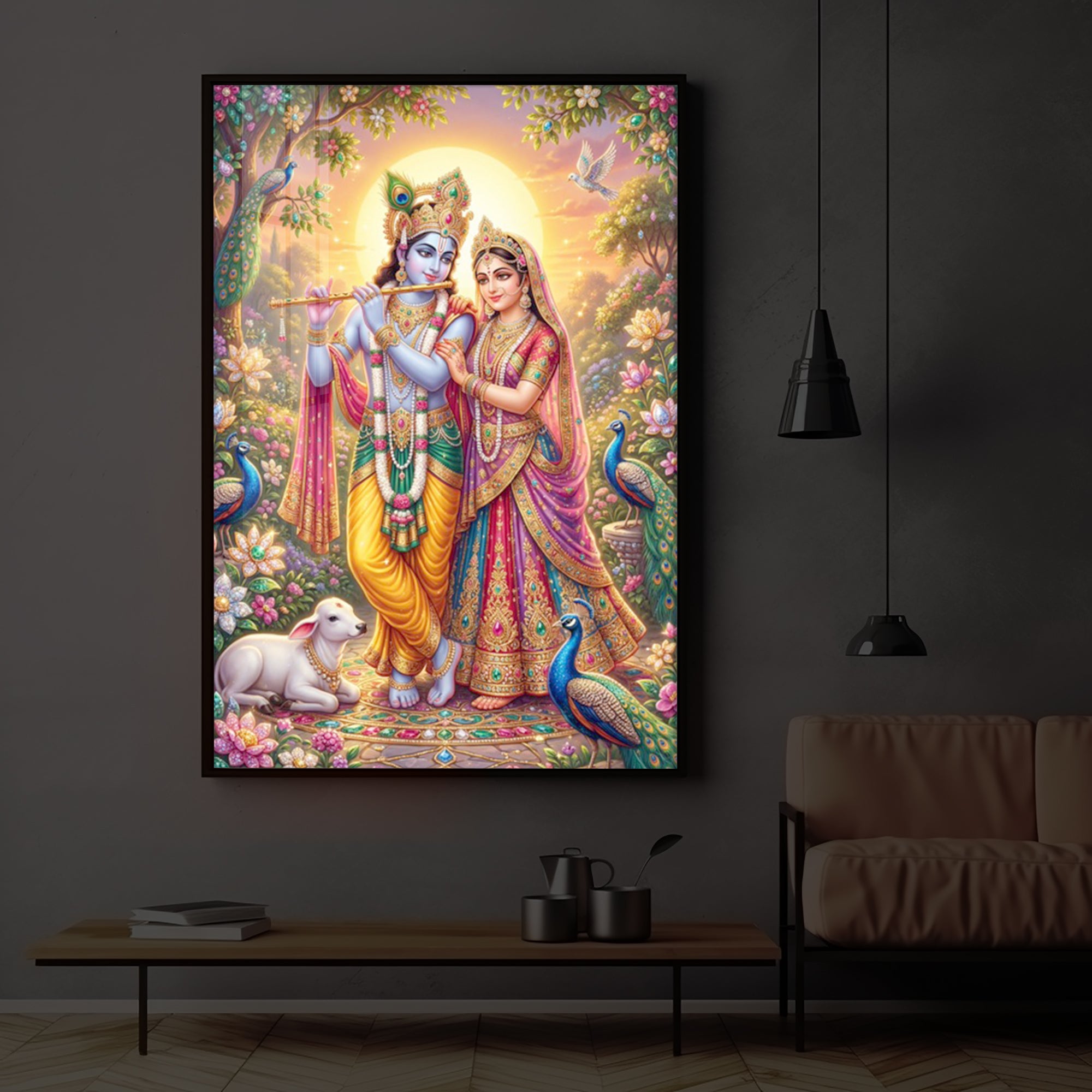 Radha Krishna Divine Harmony Modern Luxury Backlight Vertical Wall Art