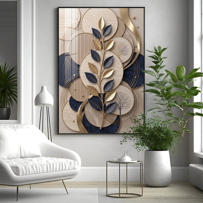 Luxury Navy Blue & Gold Leaves Premium Acrylic Vertical Wall Art