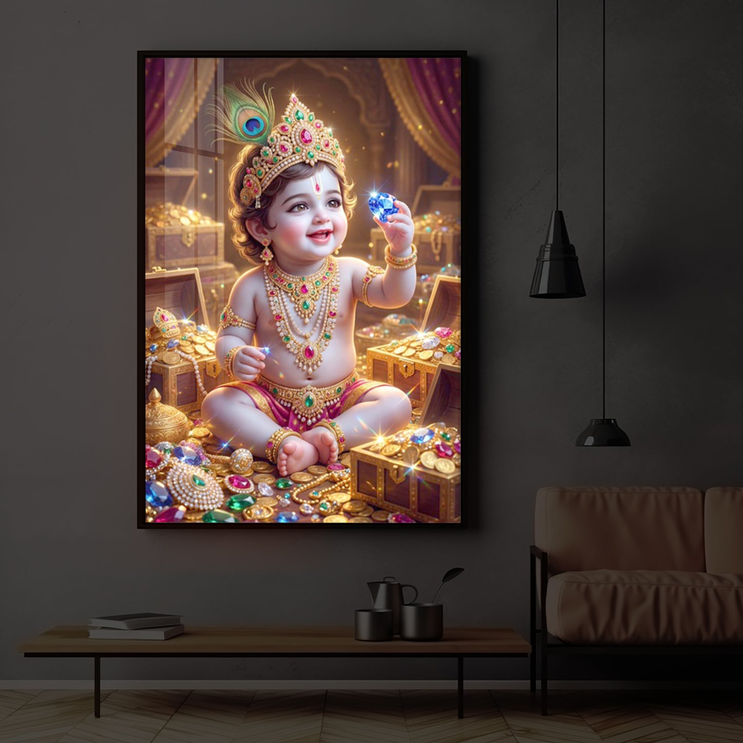 Little Lord Krishna Ji Modern Luxury Backlight Vertical Wall Art