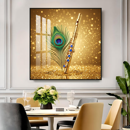 Flute With Peacock Feather Premium Acrylic Square Wall Art